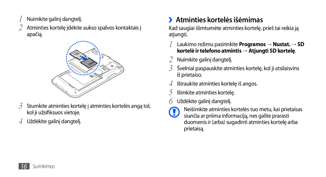 Samsung GT-I9000HKXSEB, GT-I9000HKASEB manual ››Atminties kortelės išėmimas, Uždėkite galinį dangtelį 