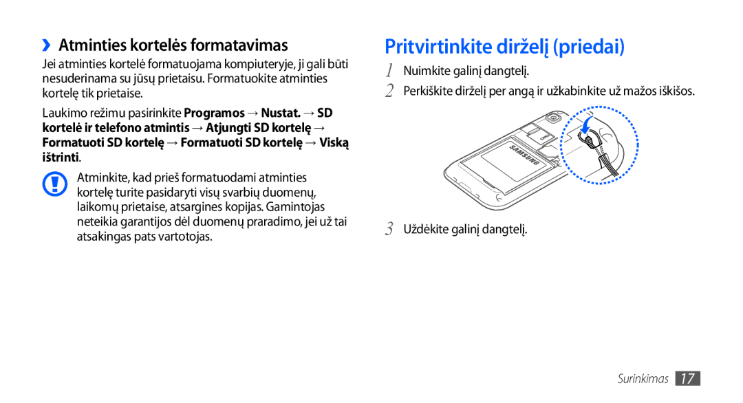 Samsung GT-I9000HKASEB, GT-I9000HKXSEB manual Pritvirtinkite dirželį priedai, ››Atminties kortelės formatavimas 