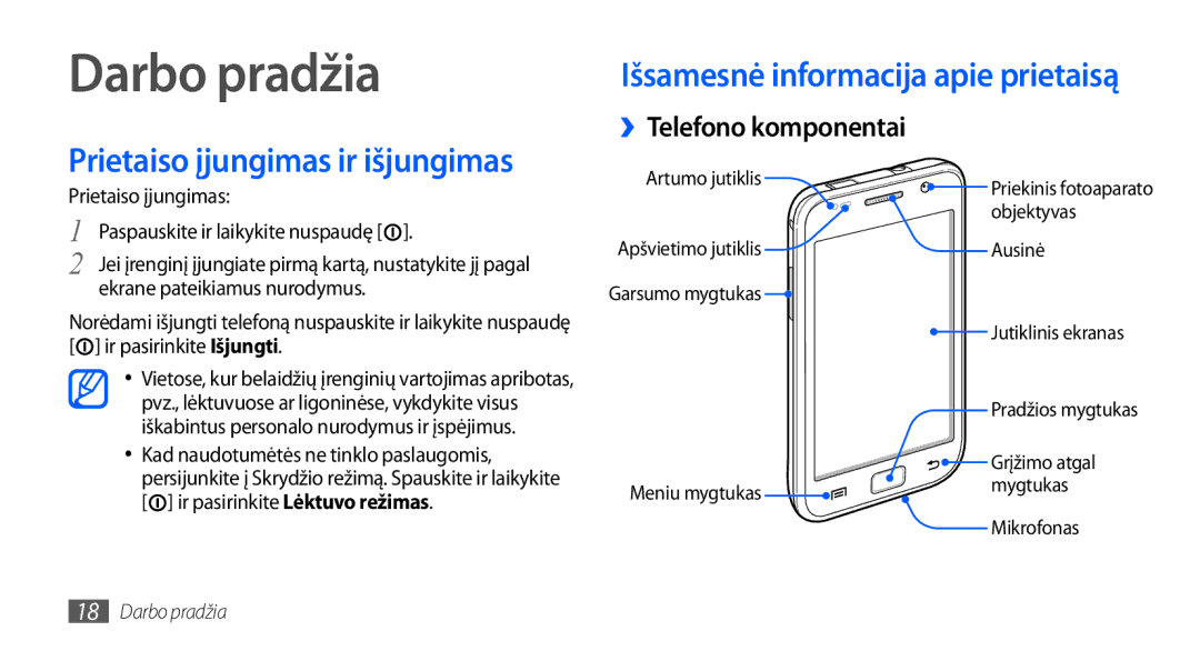 Samsung GT-I9000HKXSEB Prietaiso įjungimas ir išjungimas, Išsamesnė informacija apie prietaisą, ››Telefono komponentai 