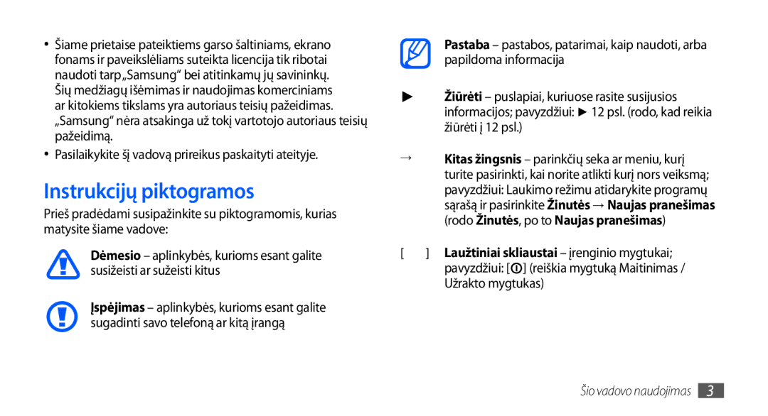 Samsung GT-I9000HKASEB, GT-I9000HKXSEB manual Instrukcijų piktogramos, Užrakto mygtukas 