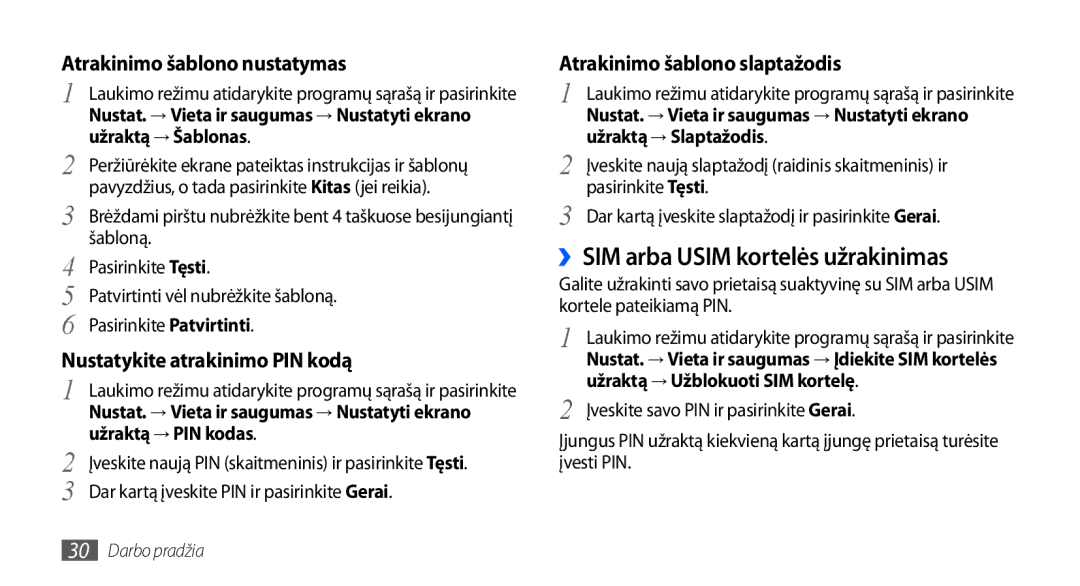 Samsung GT-I9000HKXSEB, GT-I9000HKASEB manual ››SIM arba Usim kortelės užrakinimas 