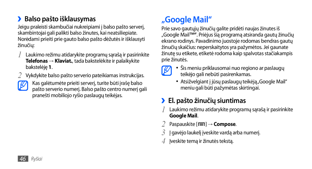 Samsung GT-I9000HKXSEB, GT-I9000HKASEB manual „Google Mail, ››Balso pašto išklausymas, ››El. pašto žinučių siuntimas 