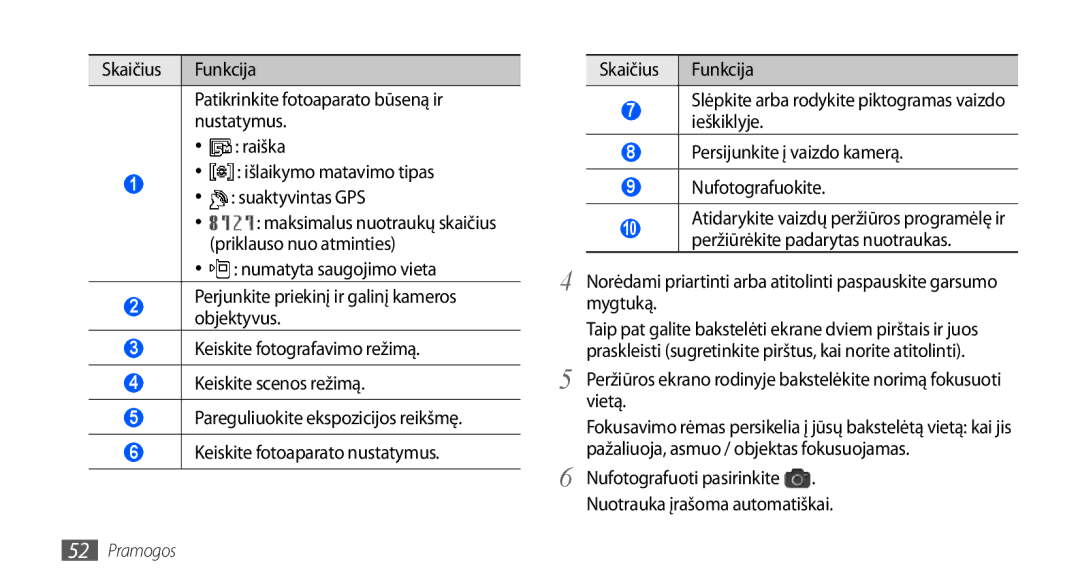 Samsung GT-I9000HKXSEB, GT-I9000HKASEB manual Nufotografuoti pasirinkite Nuotrauka įrašoma automatiškai 