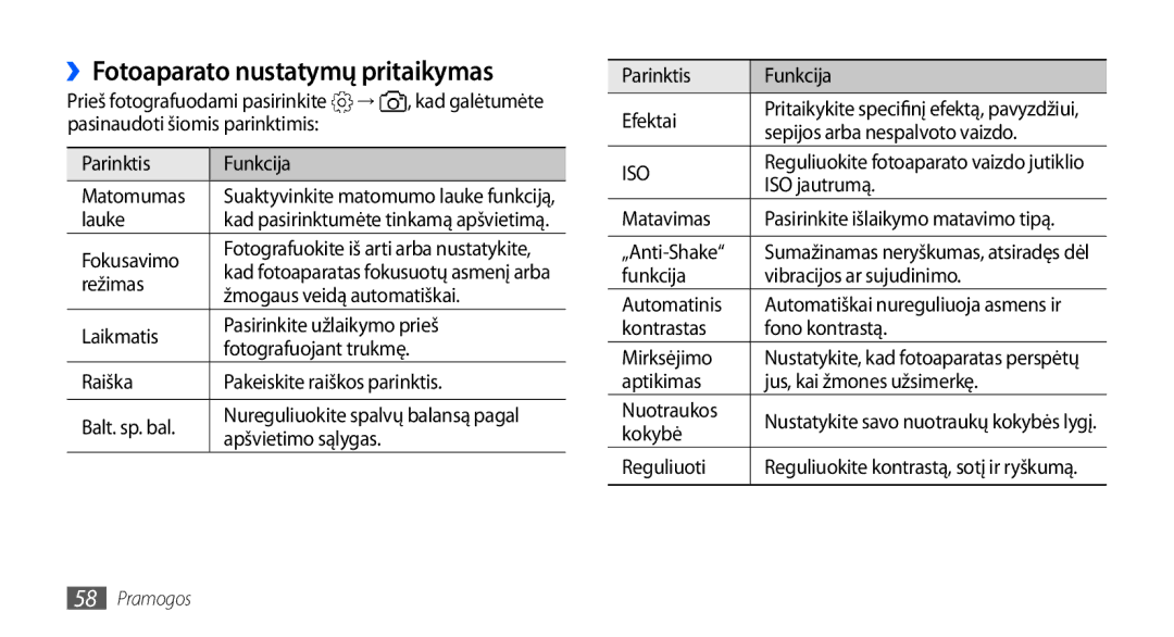 Samsung GT-I9000HKXSEB, GT-I9000HKASEB manual ››Fotoaparato nustatymų pritaikymas 