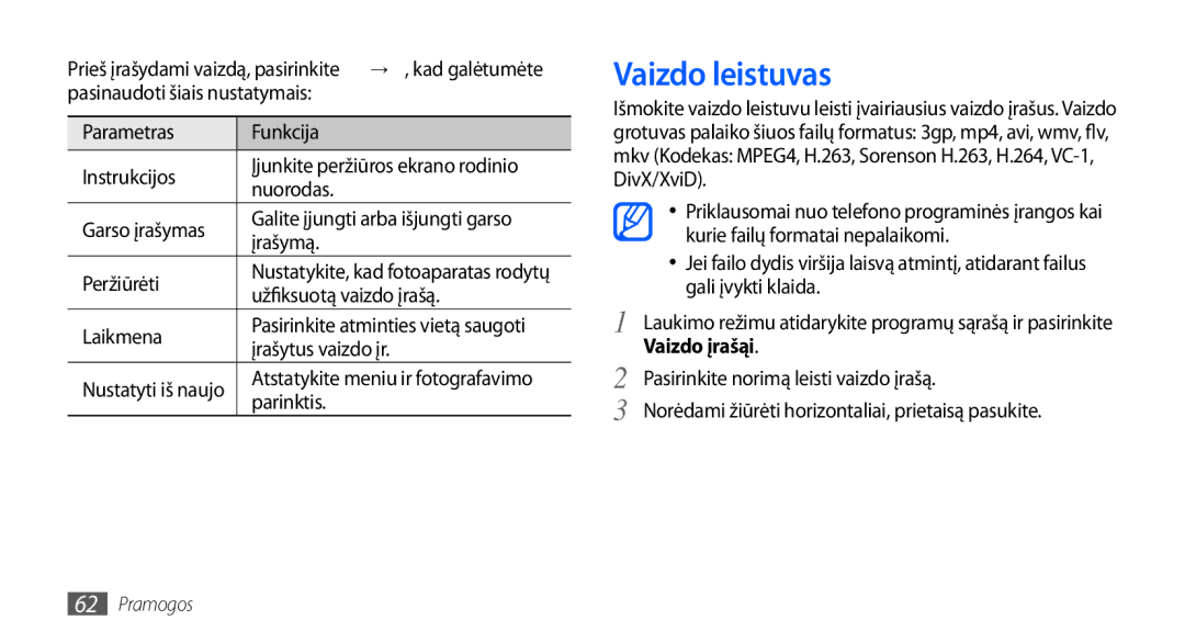 Samsung GT-I9000HKXSEB manual Vaizdo leistuvas, Parametras Funkcija Instrukcijos, Įrašymą Peržiūrėti, Vaizdo įrašą 