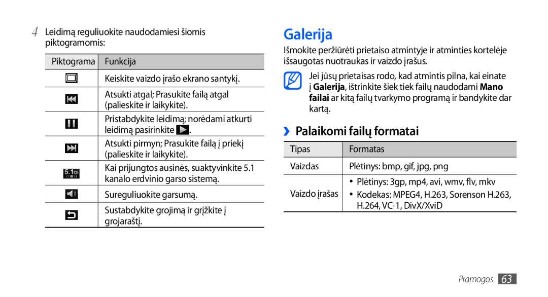 Samsung GT-I9000HKASEB Galerija, ››Palaikomi failų formatai, Piktograma Funkcija Keiskite vaizdo įrašo ekrano santykį 