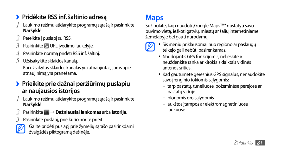 Samsung GT-I9000HKASEB, GT-I9000HKXSEB manual Maps, ››Pridėkite RSS inf. šaltinio adresą 