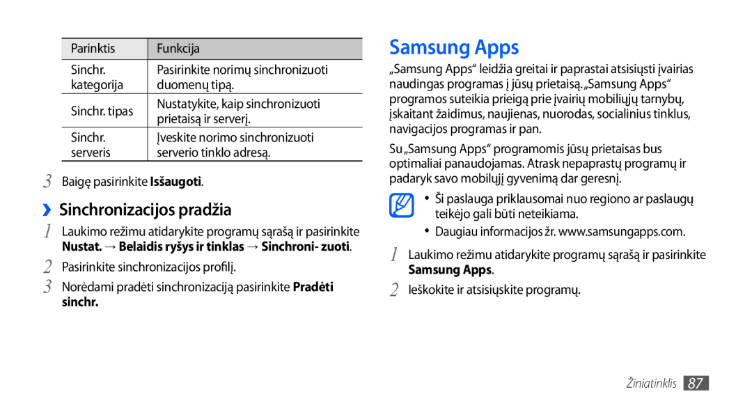 Samsung GT-I9000HKASEB, GT-I9000HKXSEB manual Samsung Apps, ››Sinchronizacijos pradžia 