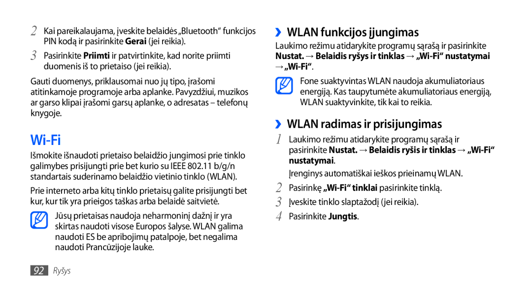 Samsung GT-I9000HKXSEB, GT-I9000HKASEB manual ››WLAN funkcijos įjungimas, ››WLAN radimas ir prisijungimas, → „Wi-Fi 