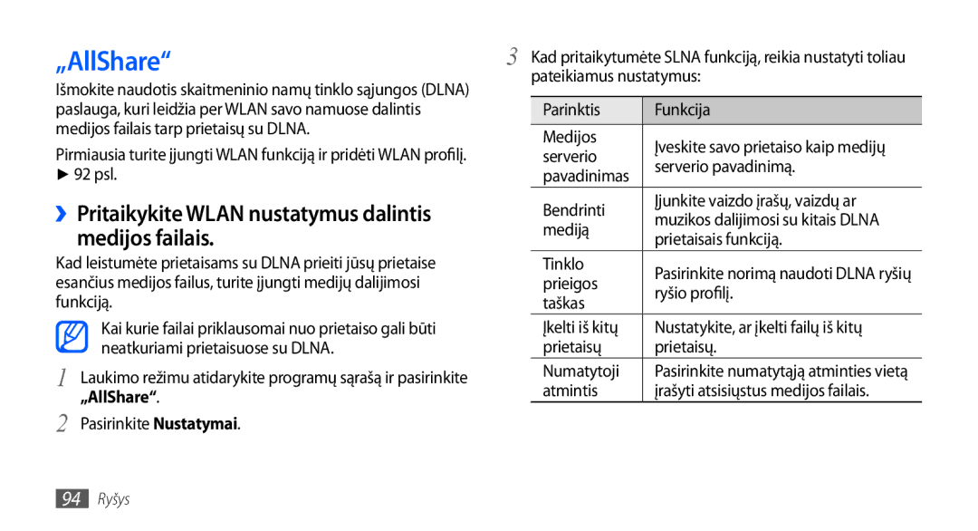 Samsung GT-I9000HKXSEB, GT-I9000HKASEB manual „AllShare, Medijos failais, ››Pritaikykite Wlan nustatymus dalintis 