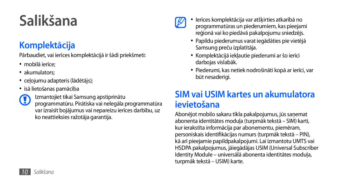 Samsung GT-I9000HKXSEB, GT-I9000HKASEB manual Salikšana, Komplektācija, SIM vai Usim kartes un akumulatora ievietošana 