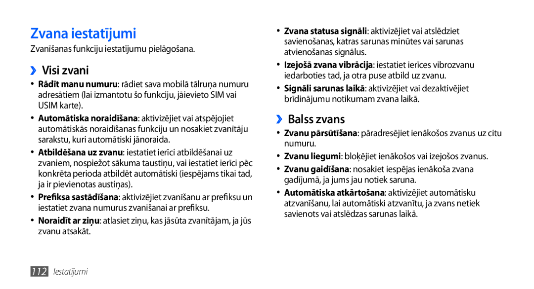 Samsung GT-I9000HKXSEB manual Zvana iestatījumi, ››Visi zvani, ››Balss zvans, Zvanīšanas funkciju iestatījumu pielāgošana 