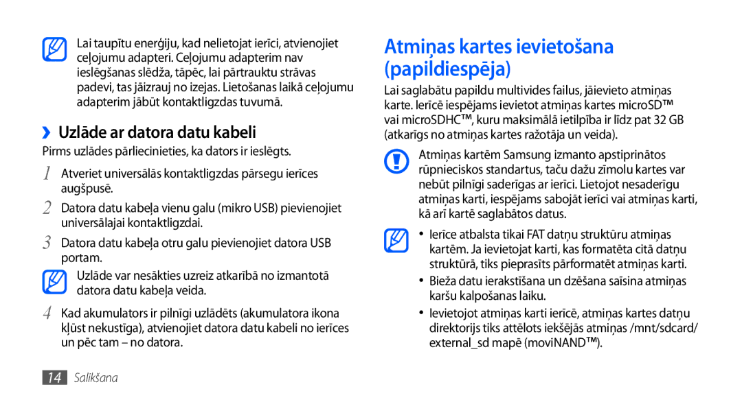 Samsung GT-I9000HKXSEB, GT-I9000HKASEB manual ››Uzlāde ar datora datu kabeli 