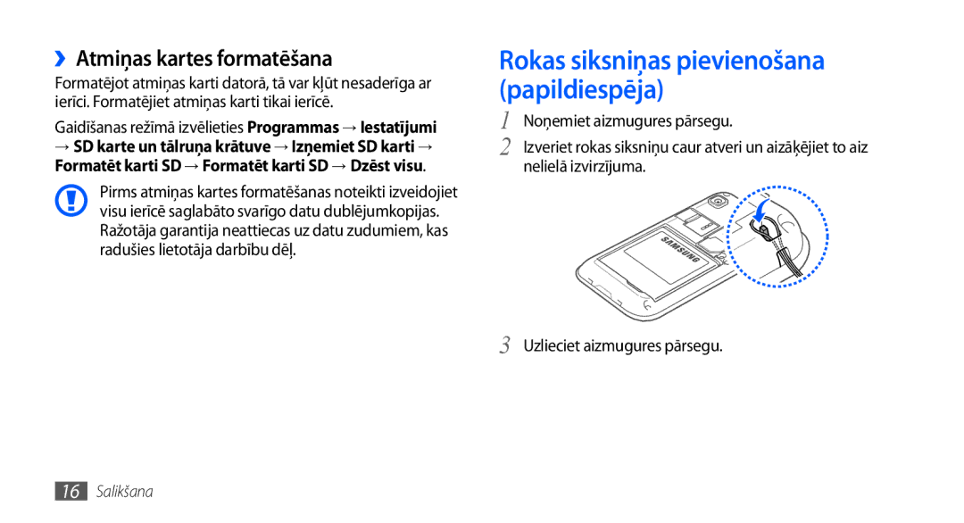 Samsung GT-I9000HKXSEB, GT-I9000HKASEB manual ››Atmiņas kartes formatēšana, Nelielā izvirzījuma Uzlieciet aizmugures pārsegu 