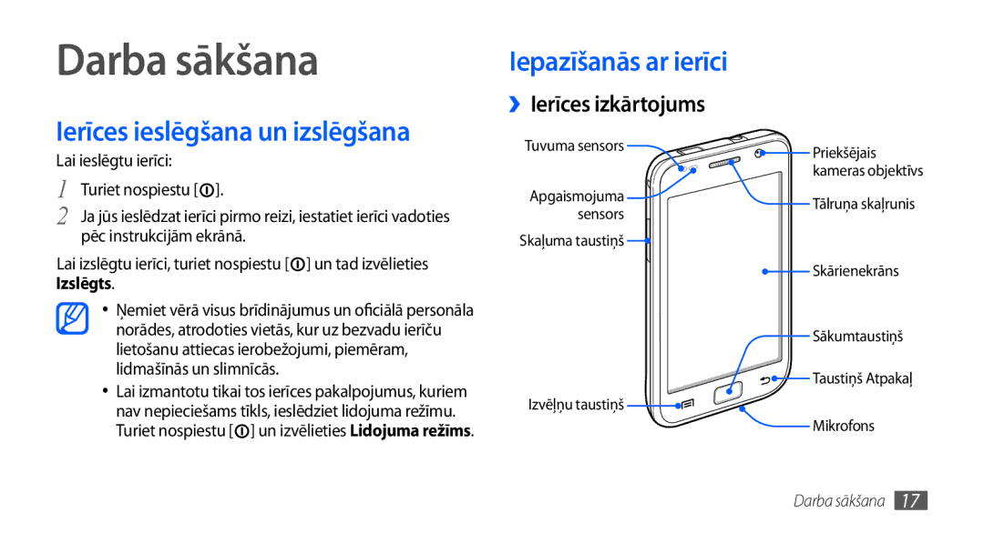 Samsung GT-I9000HKASEB manual Darba sākšana, Iepazīšanās ar ierīci, Ierīces ieslēgšana un izslēgšana, ››Ierīces izkārtojums 