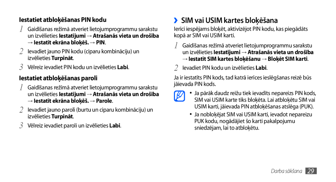 Samsung GT-I9000HKASEB, GT-I9000HKXSEB manual ››SIM vai Usim kartes bloķēšana, → Iestatīt ekrāna bloķēš. → PIN 