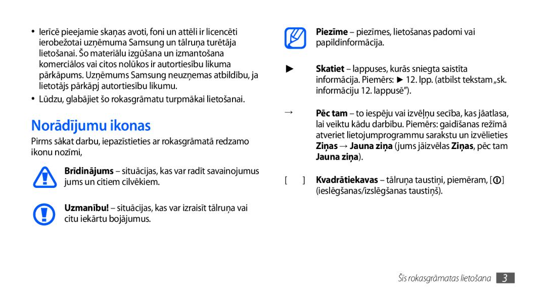 Samsung GT-I9000HKASEB, GT-I9000HKXSEB manual Norādījumu ikonas, Ieslēgšanas/izslēgšanas taustiņš 