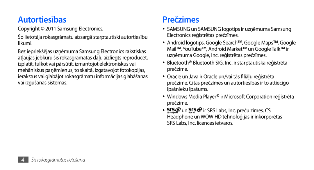 Samsung GT-I9000HKXSEB, GT-I9000HKASEB manual Autortiesības, Prečzīmes 