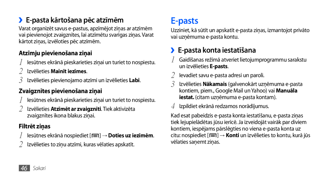 Samsung GT-I9000HKXSEB, GT-I9000HKASEB manual Pasts, ››E-pasta kārtošana pēc atzīmēm, ››E-pasta konta iestatīšana 