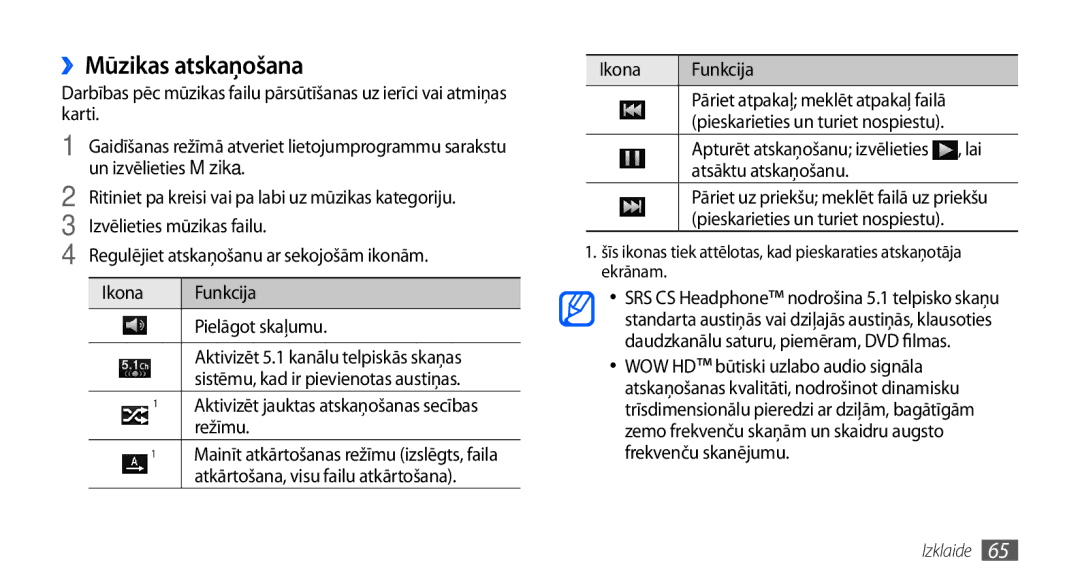 Samsung GT-I9000HKASEB, GT-I9000HKXSEB manual ››Mūzikas atskaņošana 