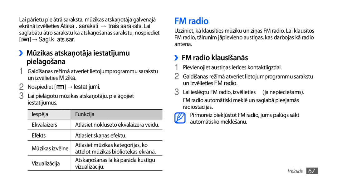 Samsung GT-I9000HKASEB manual ››Mūzikas atskaņotāja iestatījumu pielāgošana, ››FM radio klausīšanās, → Iestatījumi 