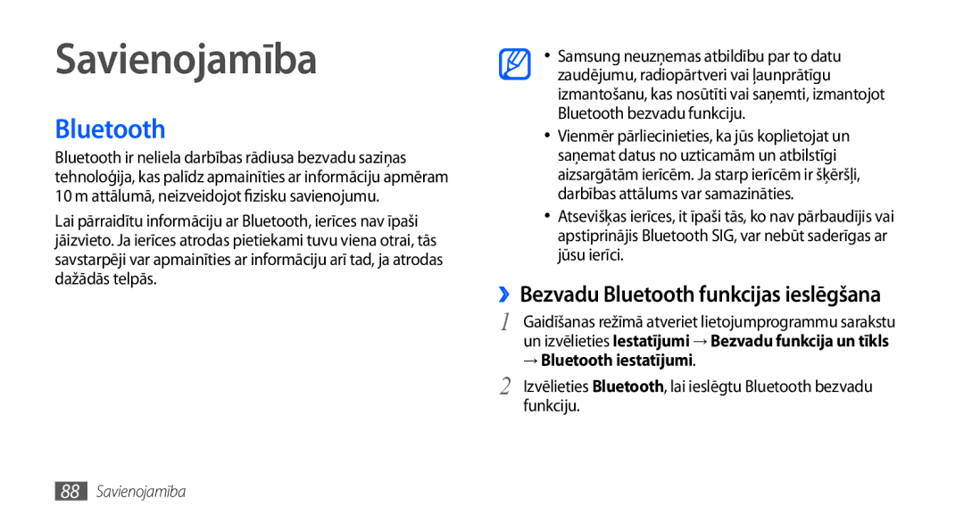 Samsung GT-I9000HKXSEB manual Savienojamība, ››Bezvadu Bluetooth funkcijas ieslēgšana, → Bluetooth iestatījumi 