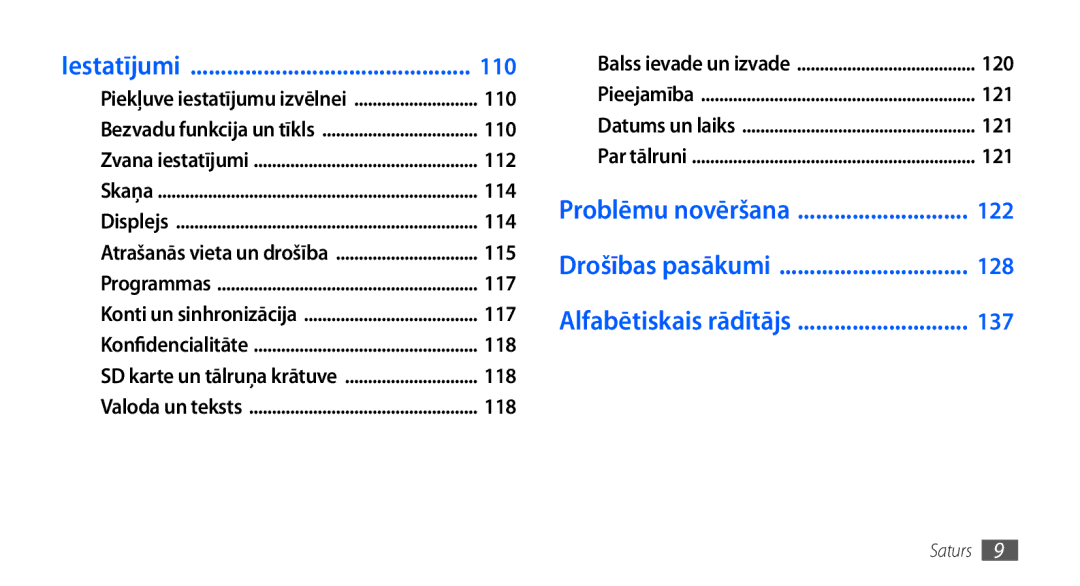 Samsung GT-I9000HKASEB, GT-I9000HKXSEB manual 110, 120, 121, Problēmu novēršana 122, 128, Alfabētiskais rādītājs 137 