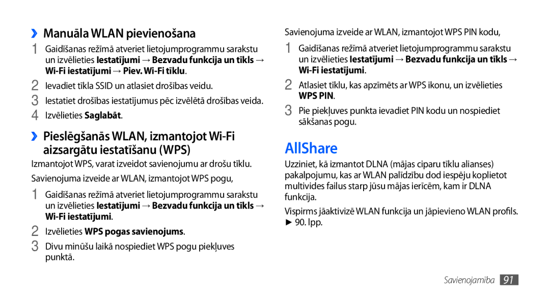 Samsung GT-I9000HKASEB, GT-I9000HKXSEB manual AllShare, ››Manuāla Wlan pievienošana, Izvēlieties WPS pogas savienojums 