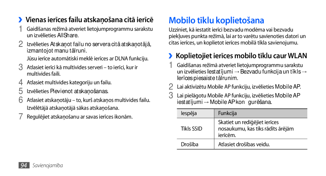 Samsung GT-I9000HKXSEB, GT-I9000HKASEB manual Mobilo tīklu koplietošana, ››Koplietojiet ierīces mobilo tīklu caur Wlan 