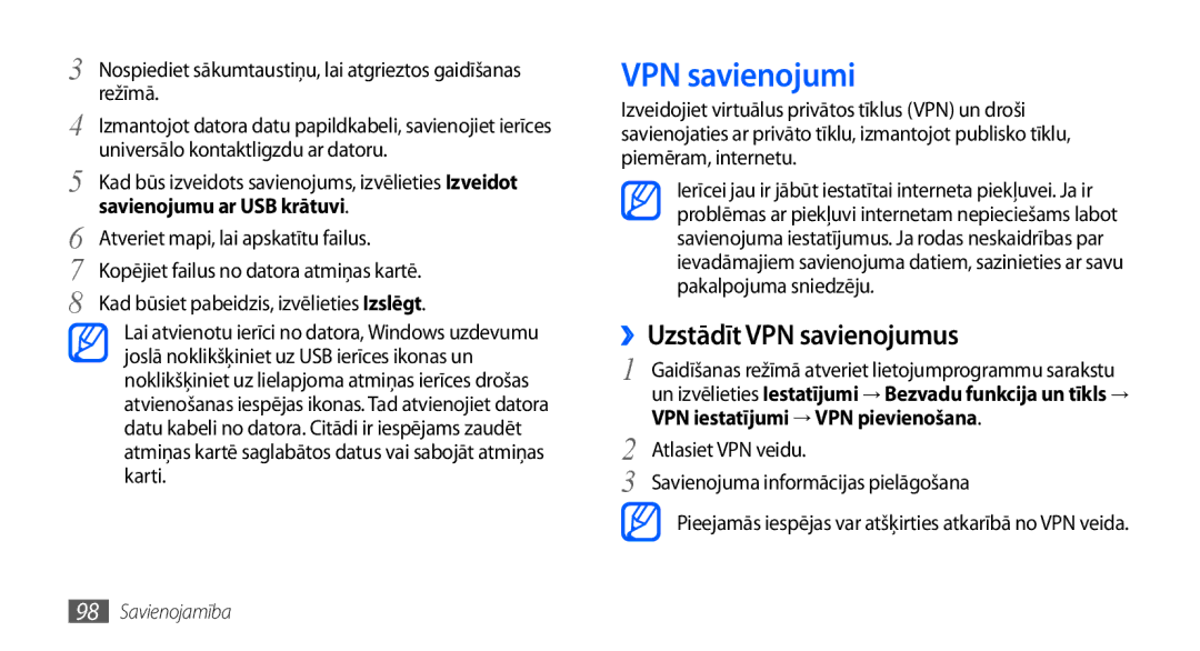 Samsung GT-I9000HKXSEB, GT-I9000HKASEB manual VPN savienojumi, ››Uzstādīt VPN savienojumus, Savienojumu ar USB krātuvi 