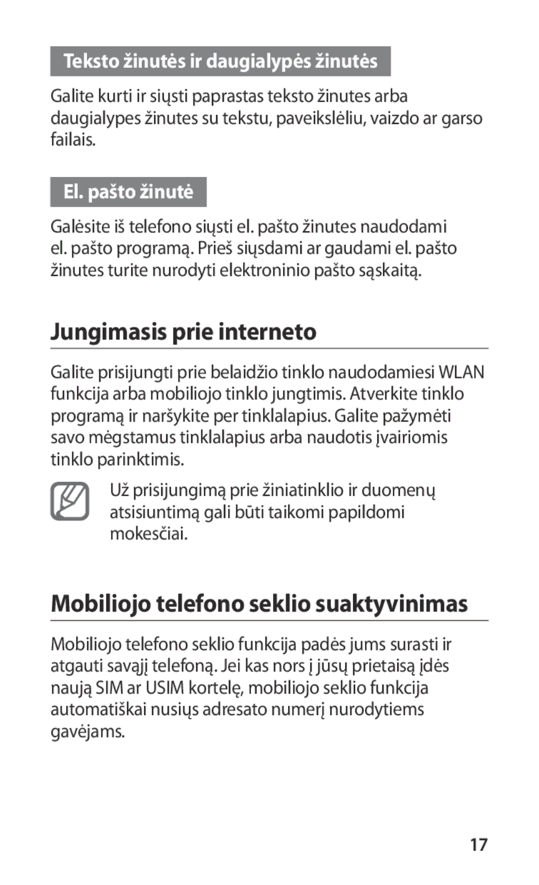 Samsung GT-I9000HKASEB manual Jungimasis prie interneto, Mobiliojo telefono seklio suaktyvinimas, El. pašto žinutė 