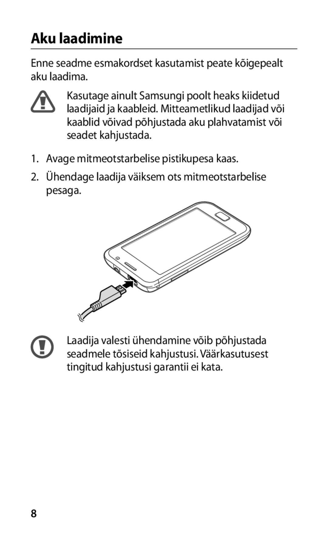 Samsung GT-I9000HKXSEB, GT-I9000HKASEB manual Aku laadimine 