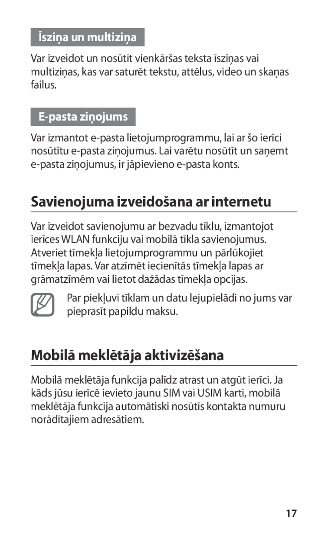 Samsung GT-I9000HKASEB manual Savienojuma izveidošana ar internetu, Mobilā meklētāja aktivizēšana, Īsziņa un multiziņa 