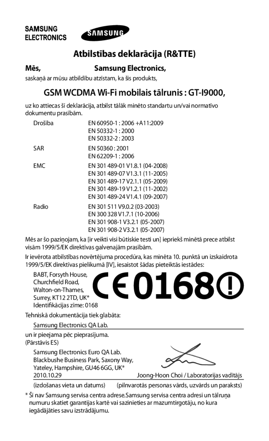 Samsung GT-I9000HKASEB, GT-I9000HKXSEB manual Atbilstības deklarācija R&TTE, Mēs Samsung Electronics 