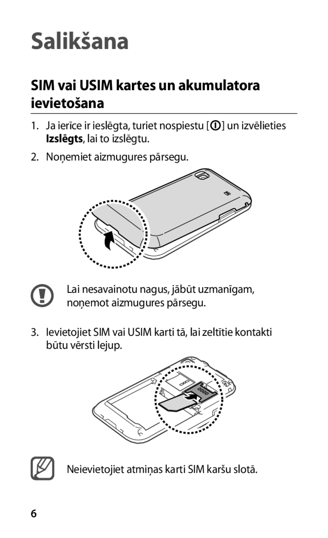 Samsung GT-I9000HKXSEB, GT-I9000HKASEB manual Salikšana, SIM vai Usim kartes un akumulatora ievietošana 