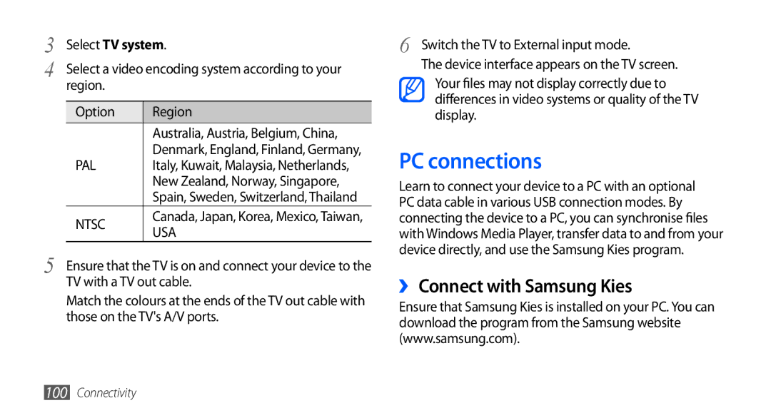 Samsung GT-I9000HKDTHR, GT-I9000HKYDRE manual PC connections, ›› Connect with Samsung Kies, Select TV system, Region Option 