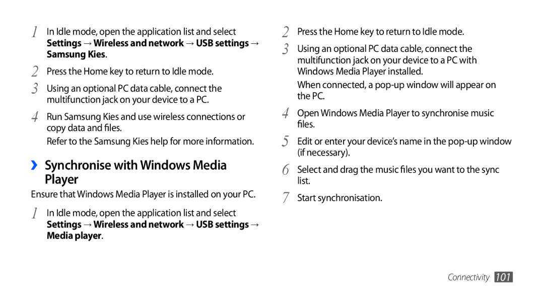 Samsung GT-I9000HKYKSA, GT-I9000HKYDRE, GT-I9000HKDEPL manual ›› Synchronise with Windows Media Player, Samsung Kies 