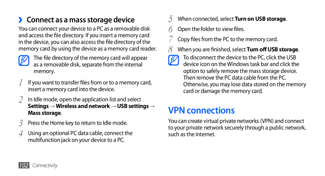 Samsung GT-I9000HKYXSG, GT-I9000HKYDRE, GT-I9000HKDEPL VPN connections, ›› Connect as a mass storage device, Mass storage 