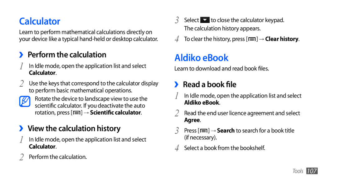 Samsung GT-I9000HKDKSA manual Calculator, Aldiko eBook, ›› Perform the calculation, ›› View the calculation history 