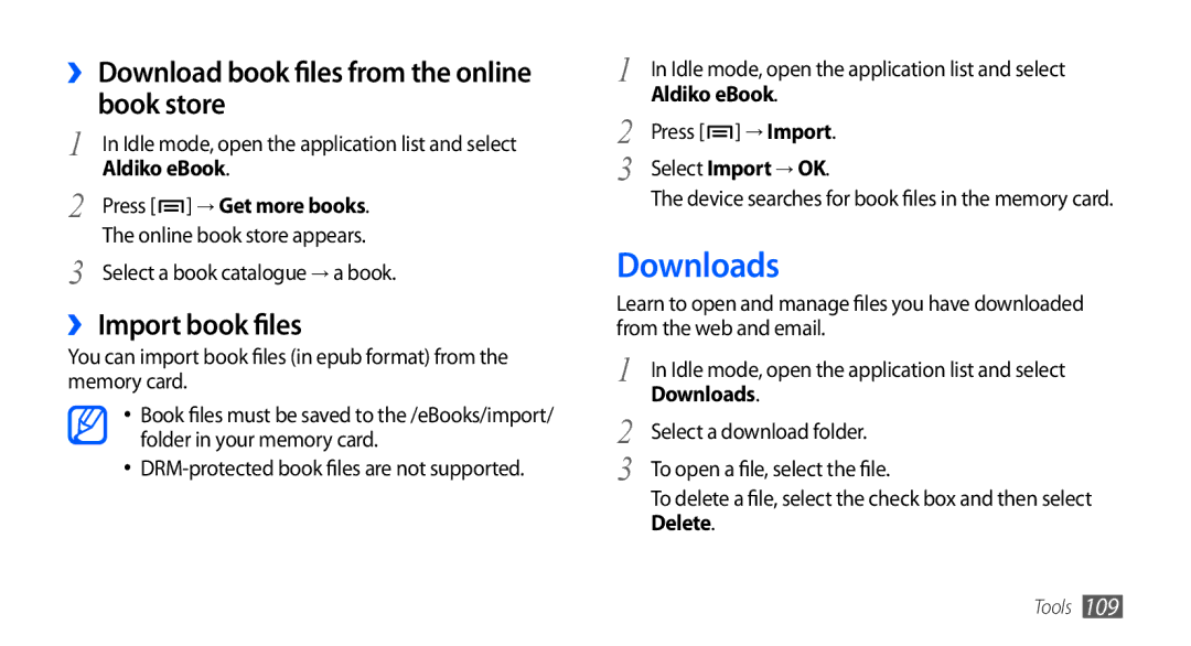 Samsung GT-I9000RWXXSG, GT-I9000HKYDRE Downloads, ›› Download book files from the online book store, ›› Import book files 