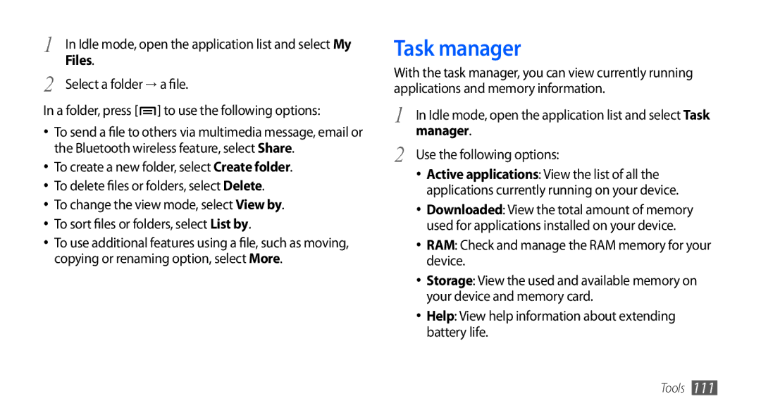 Samsung GT-I9000HKAECT, GT-I9000HKYDRE, GT-I9000HKDEPL, GT-I9000HKDDTM, GT-I9000RWYEUR manual Task manager, Files, Manager 