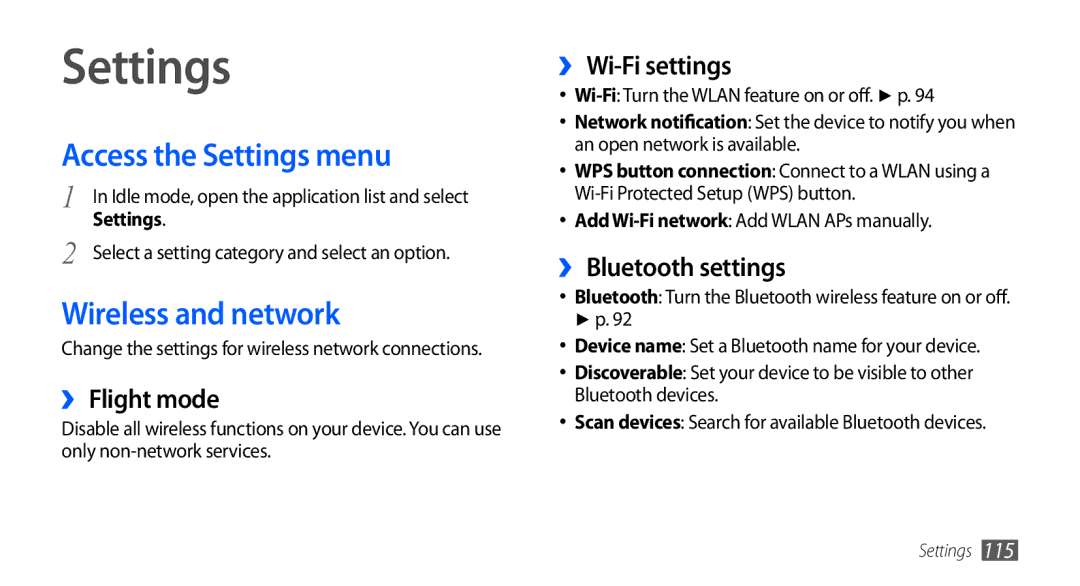 Samsung GT-I9000HKDXSG, GT-I9000HKYDRE, GT-I9000HKDEPL, GT-I9000HKDDTM Access the Settings menu, Wireless and network 