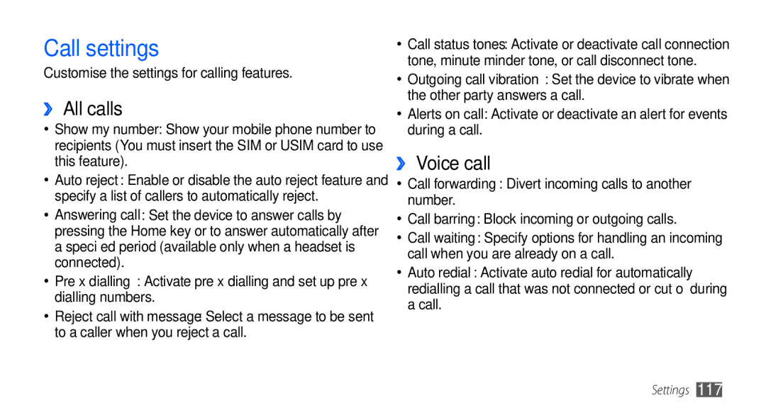 Samsung GT-I9000RWXJED manual Call settings, ›› All calls, ›› Voice call, Customise the settings for calling features 