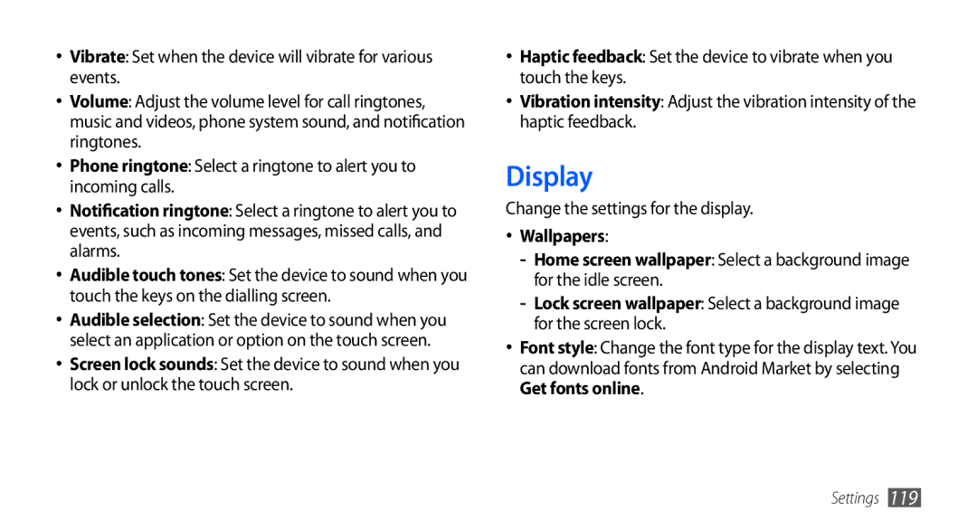 Samsung GT-I9000RWXXSS, GT-I9000HKYDRE, GT-I9000HKDEPL, GT-I9000HKDDTM manual Display, Change the settings for the display 