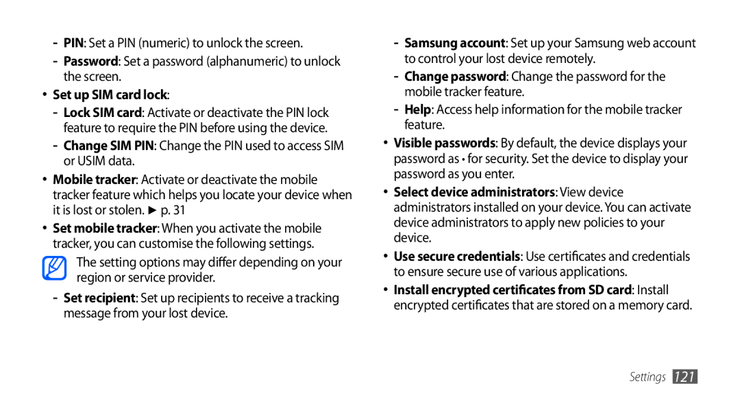 Samsung GT-I9000HKAJED, GT-I9000HKYDRE Set up SIM card lock, Help Access help information for the mobile tracker feature 