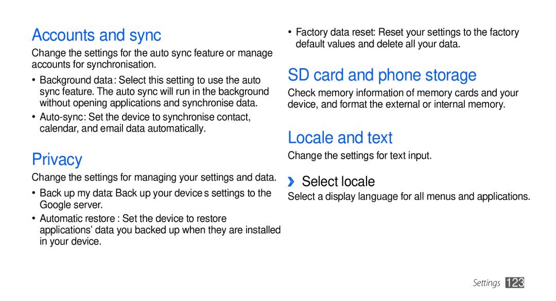 Samsung GT-I9000HKXARB manual Accounts and sync, Privacy, SD card and phone storage, Locale and text, ›› Select locale 