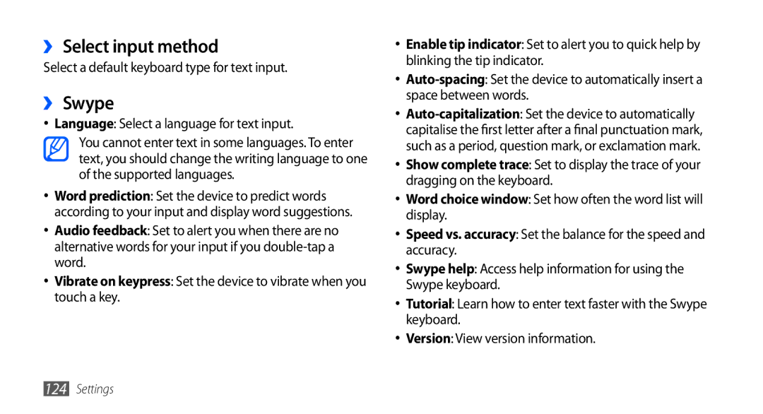 Samsung GT-I9000HKAAFR, GT-I9000HKYDRE ›› Select input method, ›› Swype, Select a default keyboard type for text input 