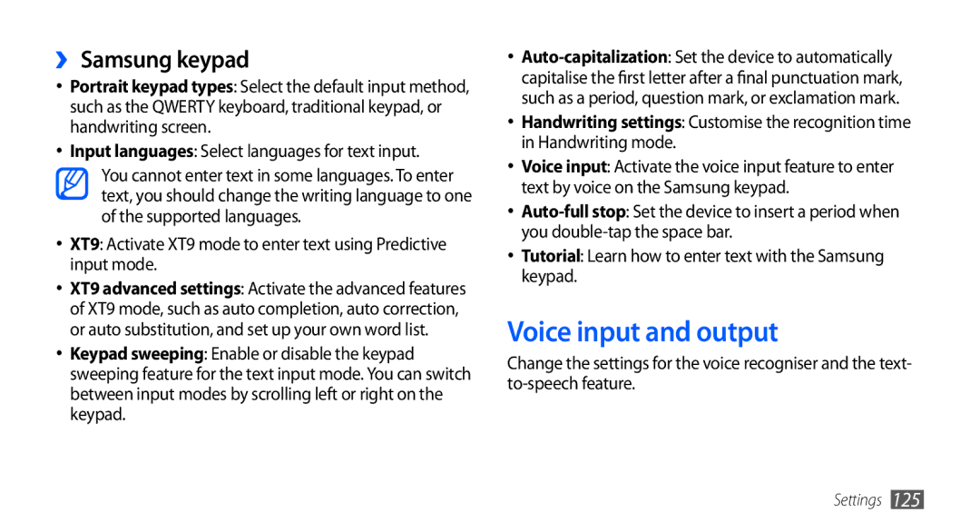 Samsung GT-I9000HKAARB manual Voice input and output, ›› Samsung keypad, Input languages Select languages for text input 