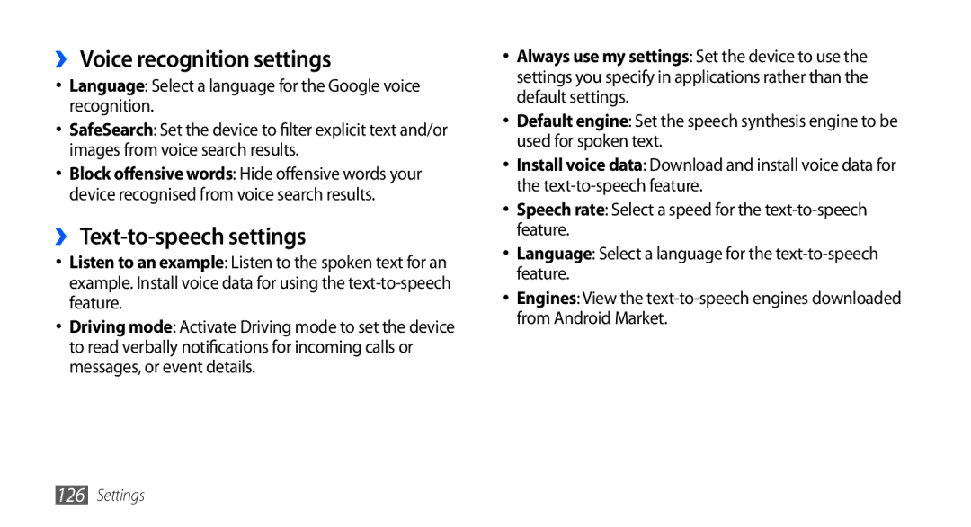 Samsung GT-I9000HKATHR, GT-I9000HKYDRE, GT-I9000HKDEPL manual ›› Voice recognition settings, ›› Text-to-speech settings 