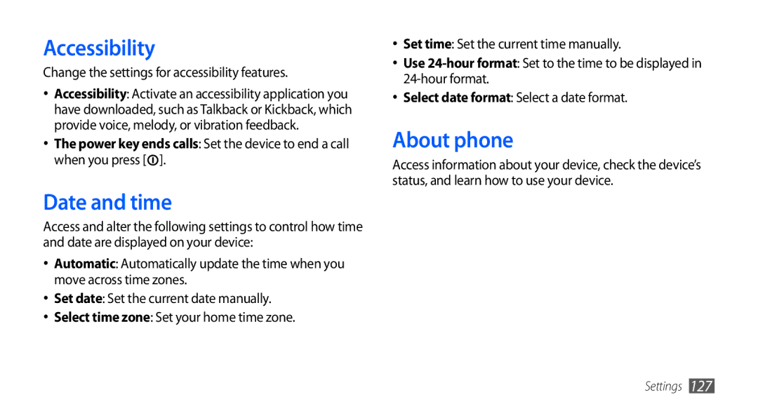 Samsung GT-I9000HKAXSG manual Accessibility, Date and time, About phone, Change the settings for accessibility features 